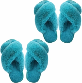 Ankis Women's Plush Slippers with Cross Band, Warm Slippers, 2 Pairs of Memory Foam and Open Toe, Fluffy Slippers for Indoor and Outdoor Use (White, Black, Grey, Pink, Camel)