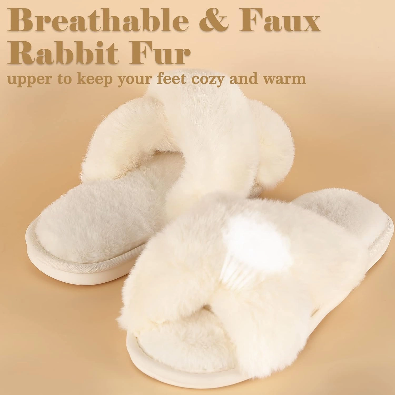 Ankis Women's Plush Slippers with Cross Band, Warm Slippers, 2 Pairs of Memory Foam and Open Toe, Fluffy Slippers for Indoor and Outdoor Use (White, Black, Grey, Pink, Camel)