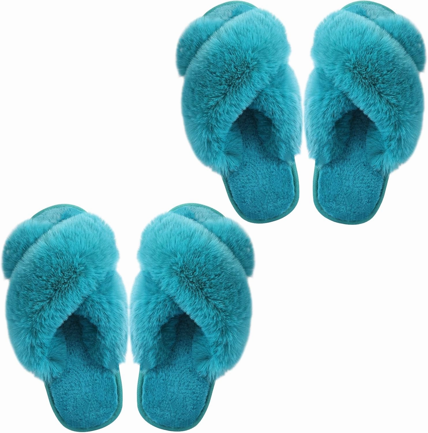 Ankis Women's Plush Slippers with Cross Band, Warm Slippers, 2 Pairs of Memory Foam and Open Toe, Fluffy Slippers for Indoor and Outdoor Use (White, Black, Grey, Pink, Camel)