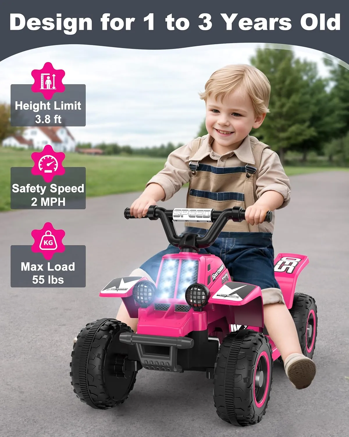 ANPABO 6V 7AH Kids ATV Ride On Toy, 4 Wheeler for Toddler w/Headlight, Forward & Reverse, Horn, Music Player, USB, MP3, Treaded Tires, Ideal Gift for Toddlers(Pink)
