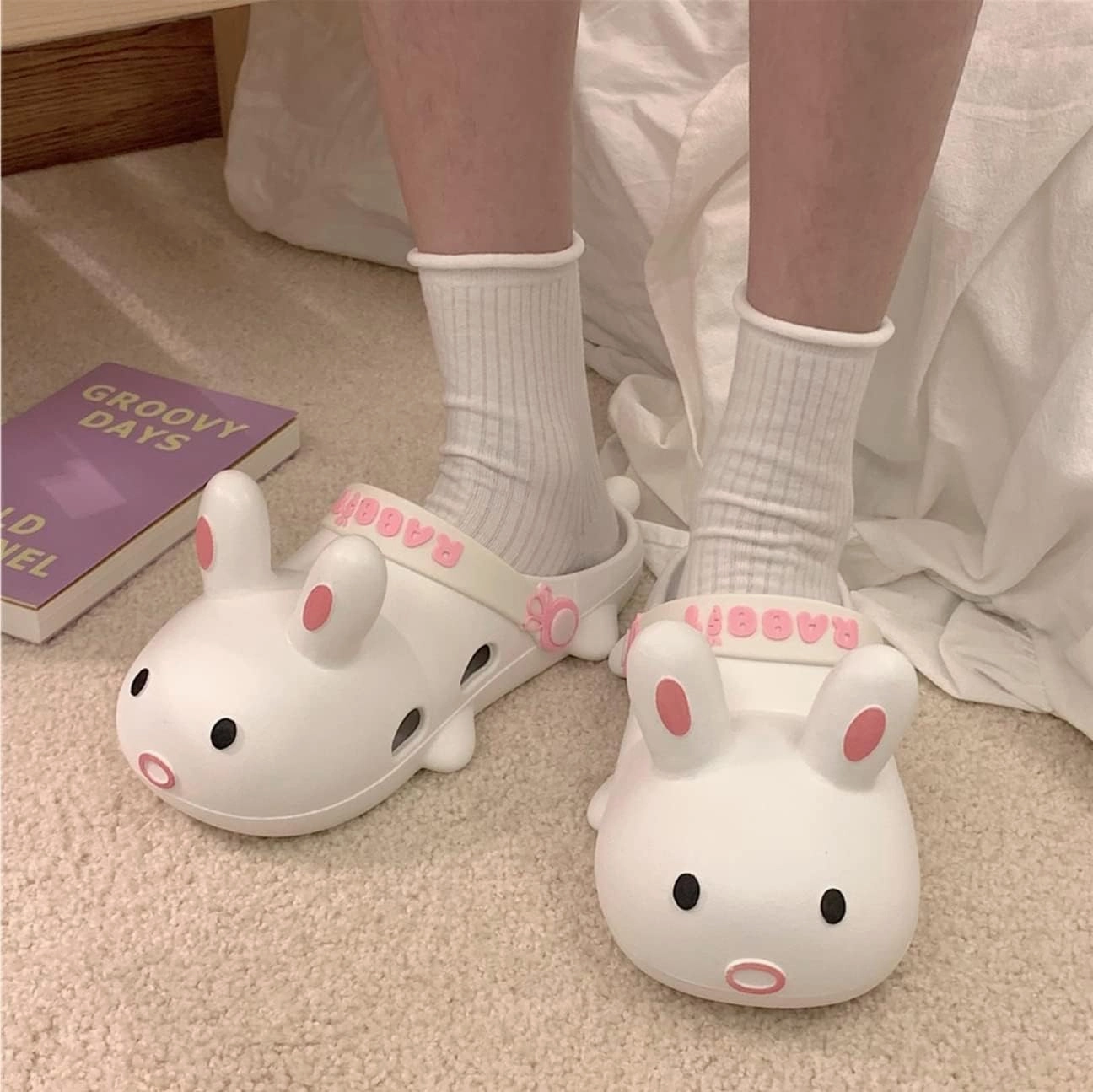Aoakva Kawaii Slippers Kawaii Clogs Mules for Girls Women Cute Bunny Summer Shower Slippers Non-Slip Beach Shoes PVC Soft Durable