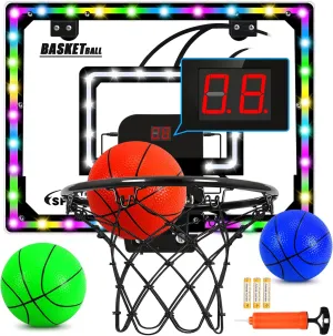 AOKESI Mini Basketball Hoop Indoor with Scorer and Batteries|Inside Basketball Hoop Over The Door with Colorful LED Lighting|Toy Basketball Gifts for Boys Girls Teens Adults, Black