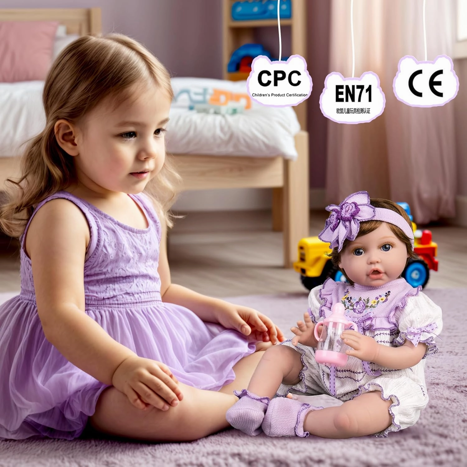 Aori Reborn Baby Dolls - 22 Inch Realistic Lifelike Baby Girl - Handmade Vinyl Reborn Doll with Feeding Set & Purple Outfit | Newborn Baby Doll for Kids 3 , Collectors, Therapy & Role Play