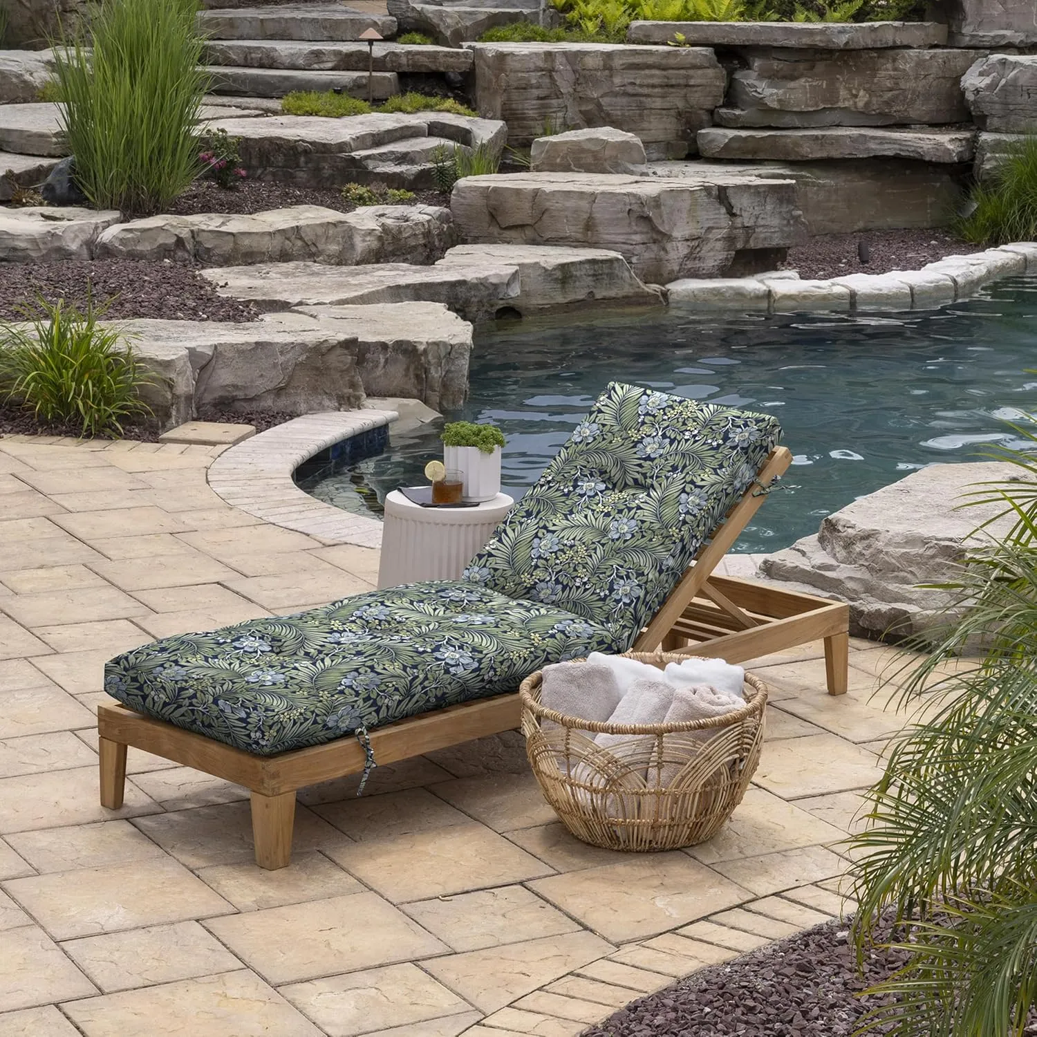 Arden Outdoor Plush Modern Tufted Chaise Cushion, 76 x 22, Rain-Proof, Fade Resistant, Tufted Cushion for Chaise Lounger Sapphire Morrison Floral