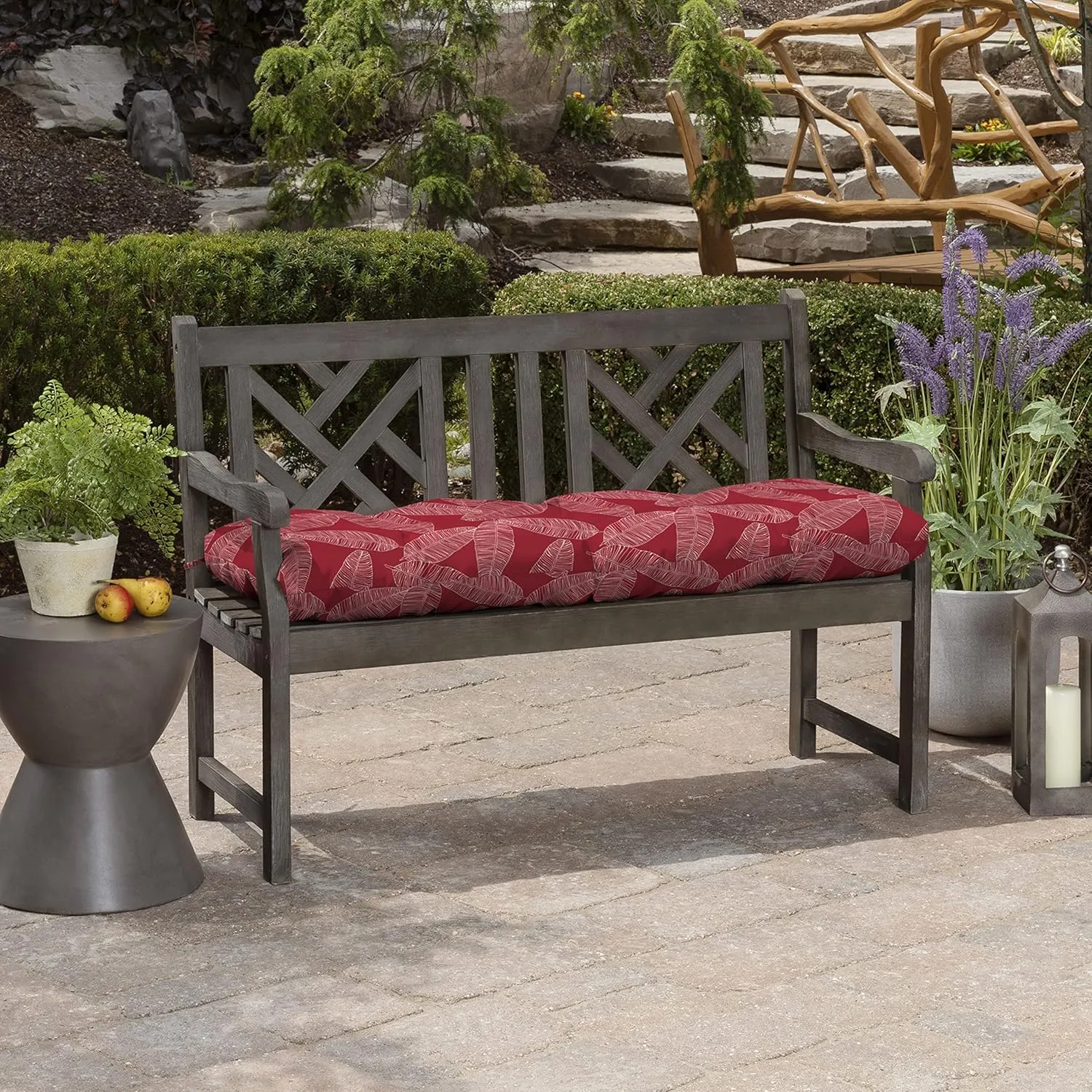 Arden Selections Outdoor Plush Modern Tufted Bench Cushion, 48 x 18, Water Repellent, Fade Resistant, Tufted Bench Cushion for Bench and Swing 48 x 18, Red Leaf Palm