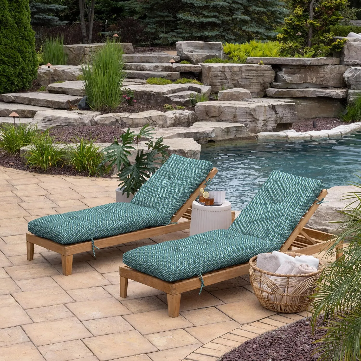 Arden Selections Outdoor Plush Modern Tufted Chaise Cushion, 76 x 22, Water Repellent, Fade Resistant, Tufted Cushion for Chaise Lounger 76 x 22, Alana Tile