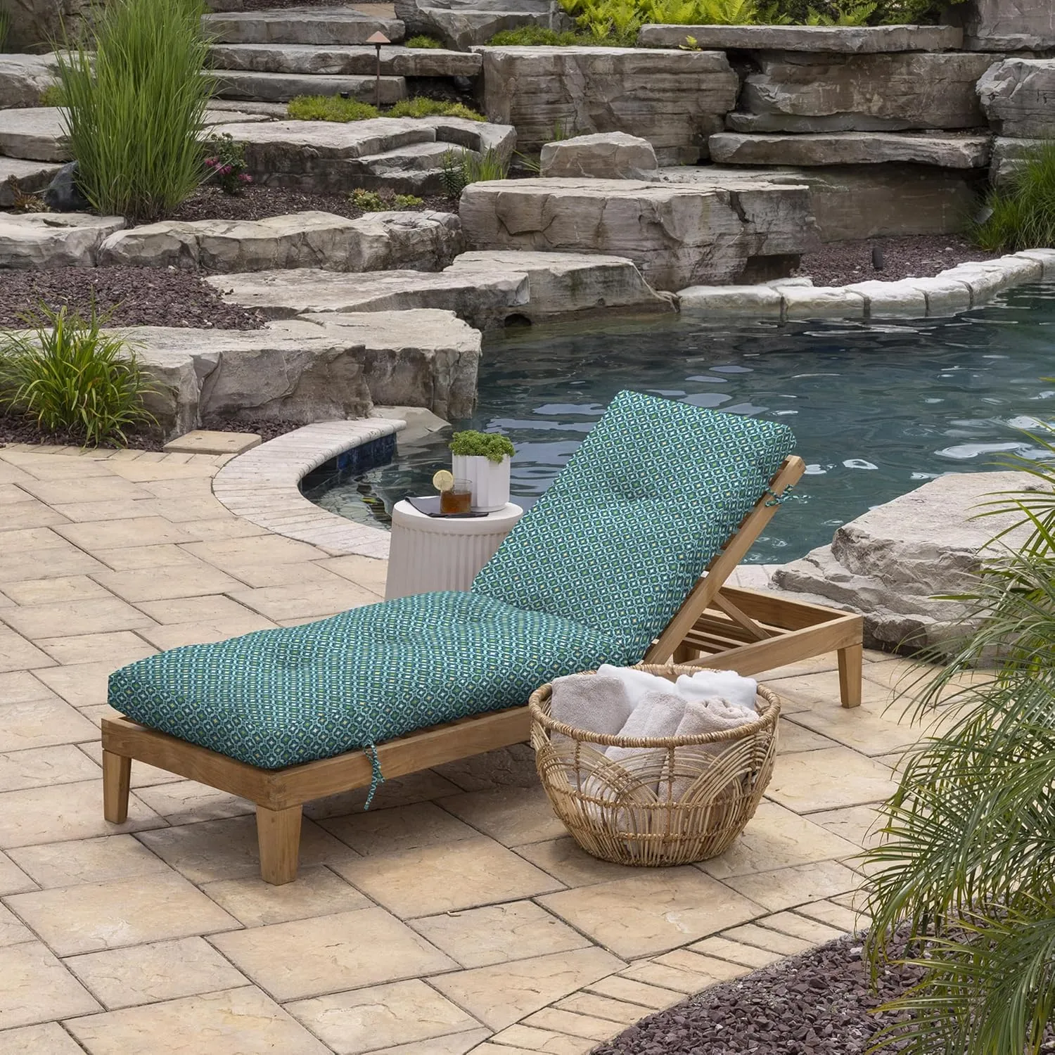 Arden Selections Outdoor Plush Modern Tufted Chaise Cushion, 76 x 22, Water Repellent, Fade Resistant, Tufted Cushion for Chaise Lounger 76 x 22, Alana Tile