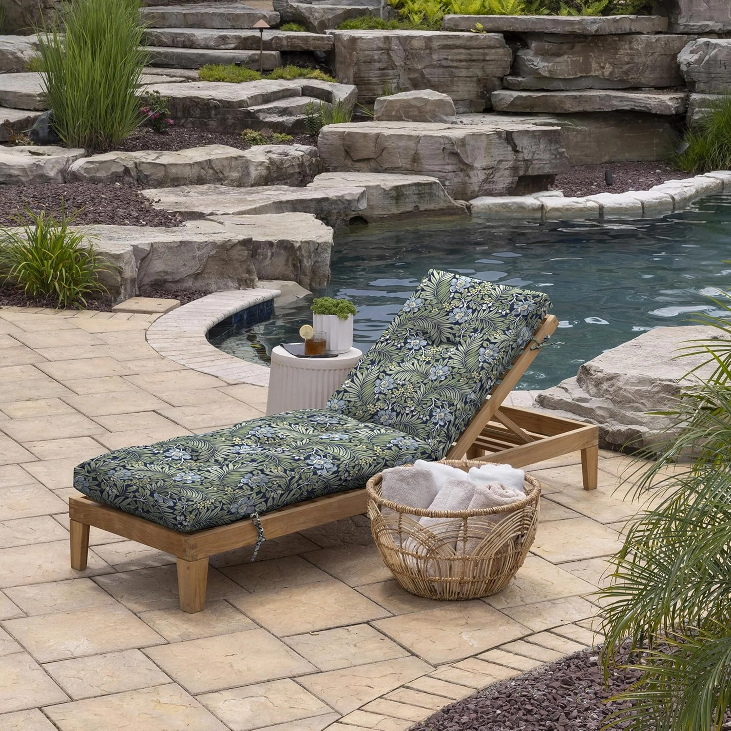 Arden Outdoor Plush Modern Tufted Chaise Cushion, 76 x 22, Rain-Proof, Fade Resistant, Tufted Cushion for Chaise Lounger Sapphire Morrison Floral