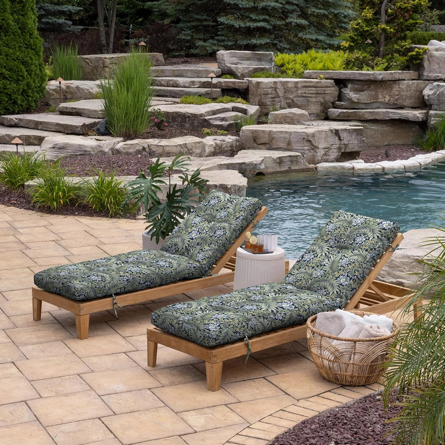 Arden Outdoor Plush Modern Tufted Chaise Cushion, 76 x 22, Rain-Proof, Fade Resistant, Tufted Cushion for Chaise Lounger Sapphire Morrison Floral