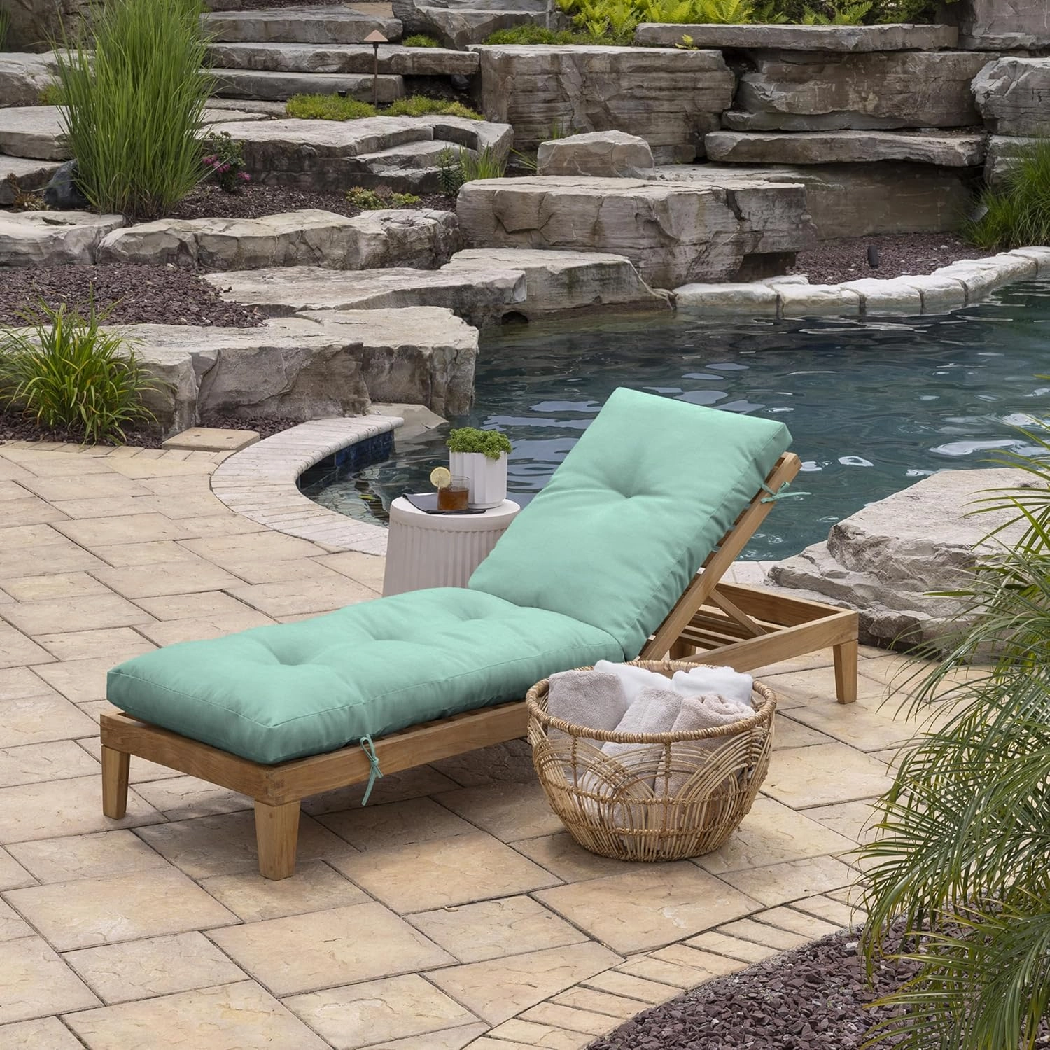 Arden Selections Outdoor Plush Modern Tufted Chaise Cushion, 76 x 22, Water Repellent, Fade Resistant, Tufted Cushion for Chaise Lounger 76 x 22, Aqua Leala