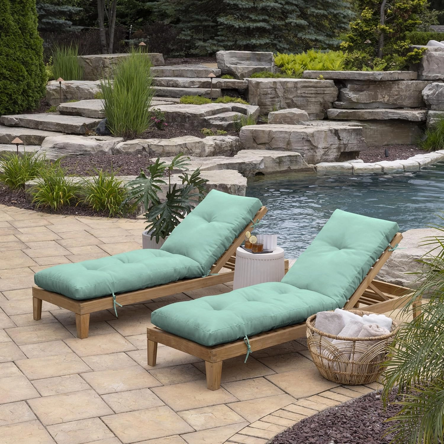 Arden Selections Outdoor Plush Modern Tufted Chaise Cushion, 76 x 22, Water Repellent, Fade Resistant, Tufted Cushion for Chaise Lounger 76 x 22, Aqua Leala