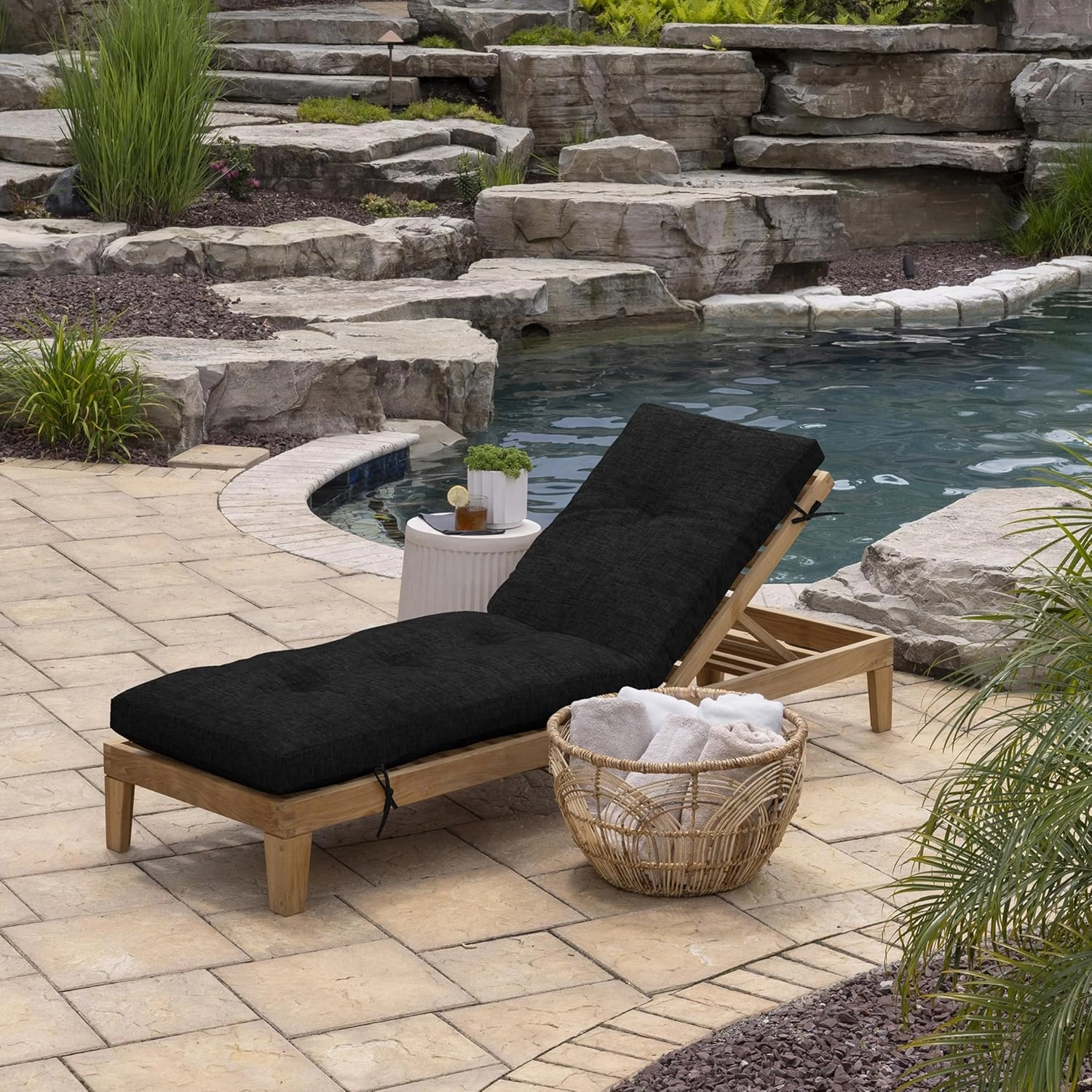 Arden Selections Outdoor Plush Modern Tufted Chaise Cushion, 76 x 22, Water Repellent, Fade Resistant, Tufted Cushion for Chaise Lounger 76 x 22, Black Leala