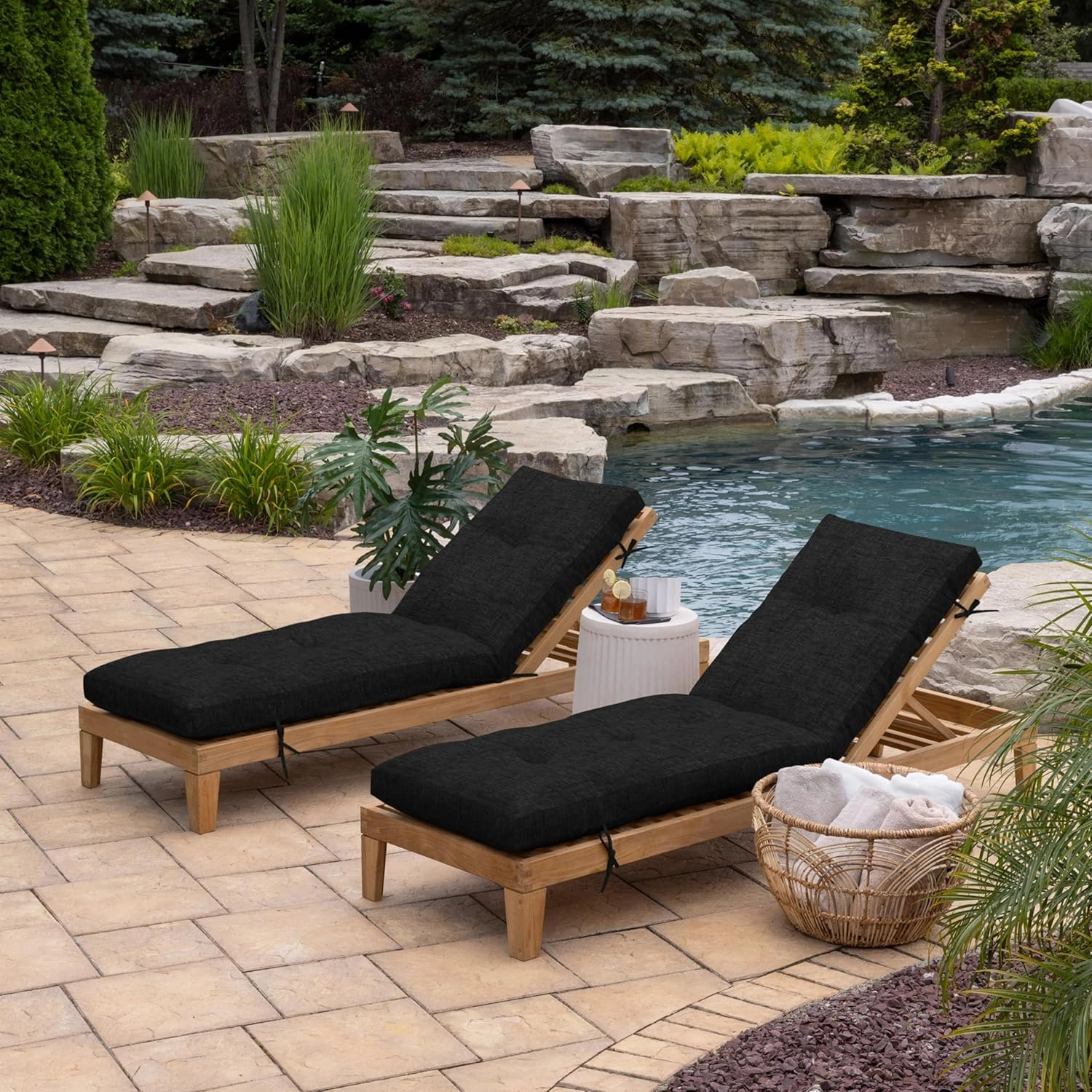Arden Selections Outdoor Plush Modern Tufted Chaise Cushion, 76 x 22, Water Repellent, Fade Resistant, Tufted Cushion for Chaise Lounger 76 x 22, Black Leala