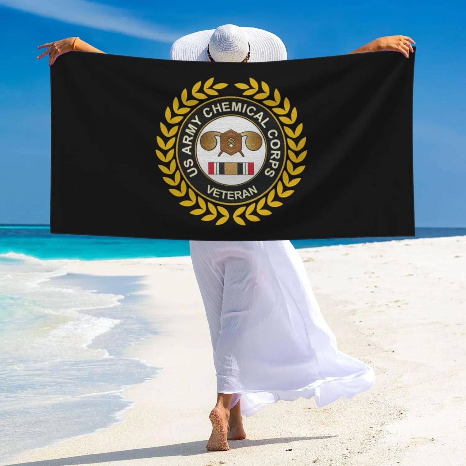 Army Veteran Chemical Corps Beach Towel 27.5x55 Inches - Ultra Soft Quick Dry Sand Towel, Lightweight Large Bath Towel for Pool, Summer, Travel