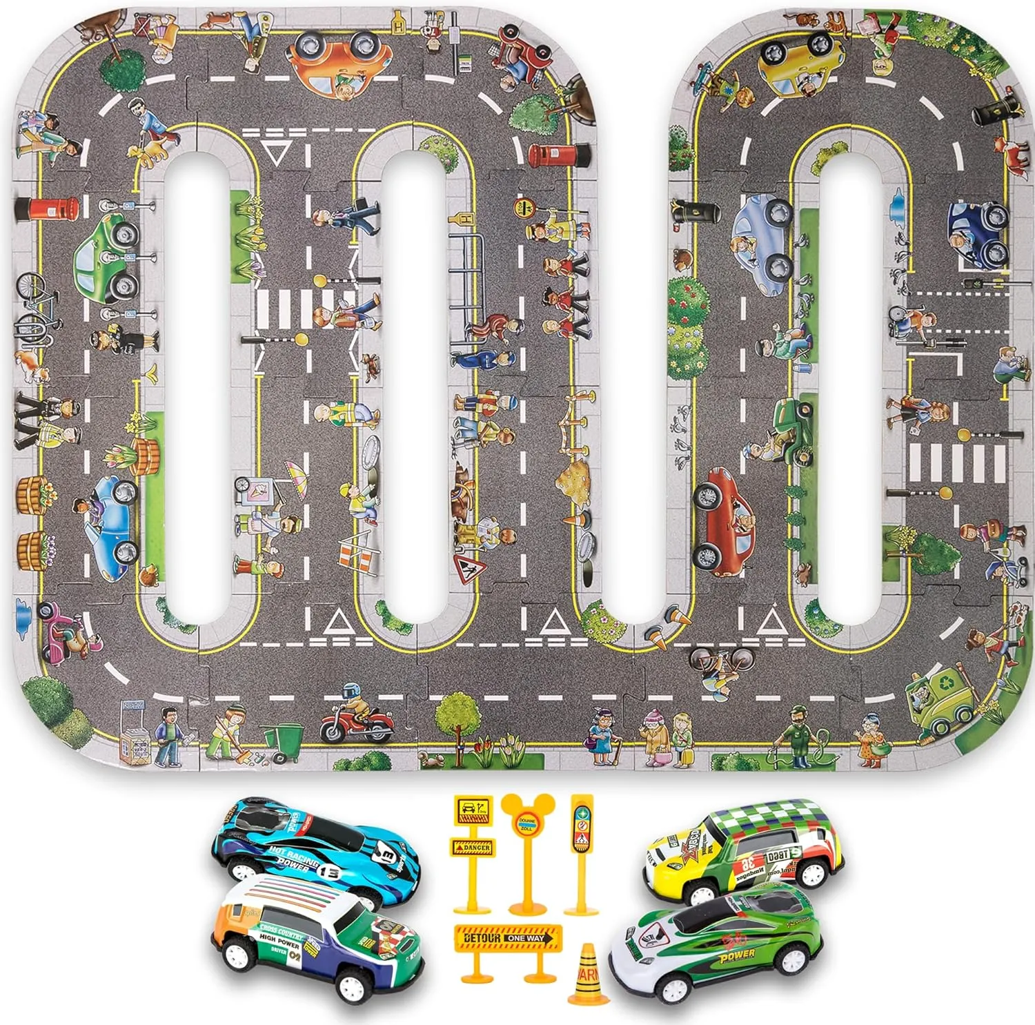 ArtCreativity Road Track for Kids - 29 Piece Set with 4 Cars, 5 Traffic Accessories, and 20 Puzzle Pieces - Toddler Track with Vehicles