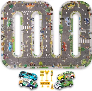 ArtCreativity Road Track for Kids - 29 Piece Set with 4 Cars, 5 Traffic Accessories, and 20 Puzzle Pieces - Toddler Track with Vehicles