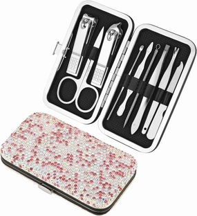 AsAlways Diamond-Studded 9pcs Manicure Set Bling Crystal Travel Mini Nail Clippers Kit Pedicure Care Tools with Shiny Rhinestone Travel Case(Pink)
