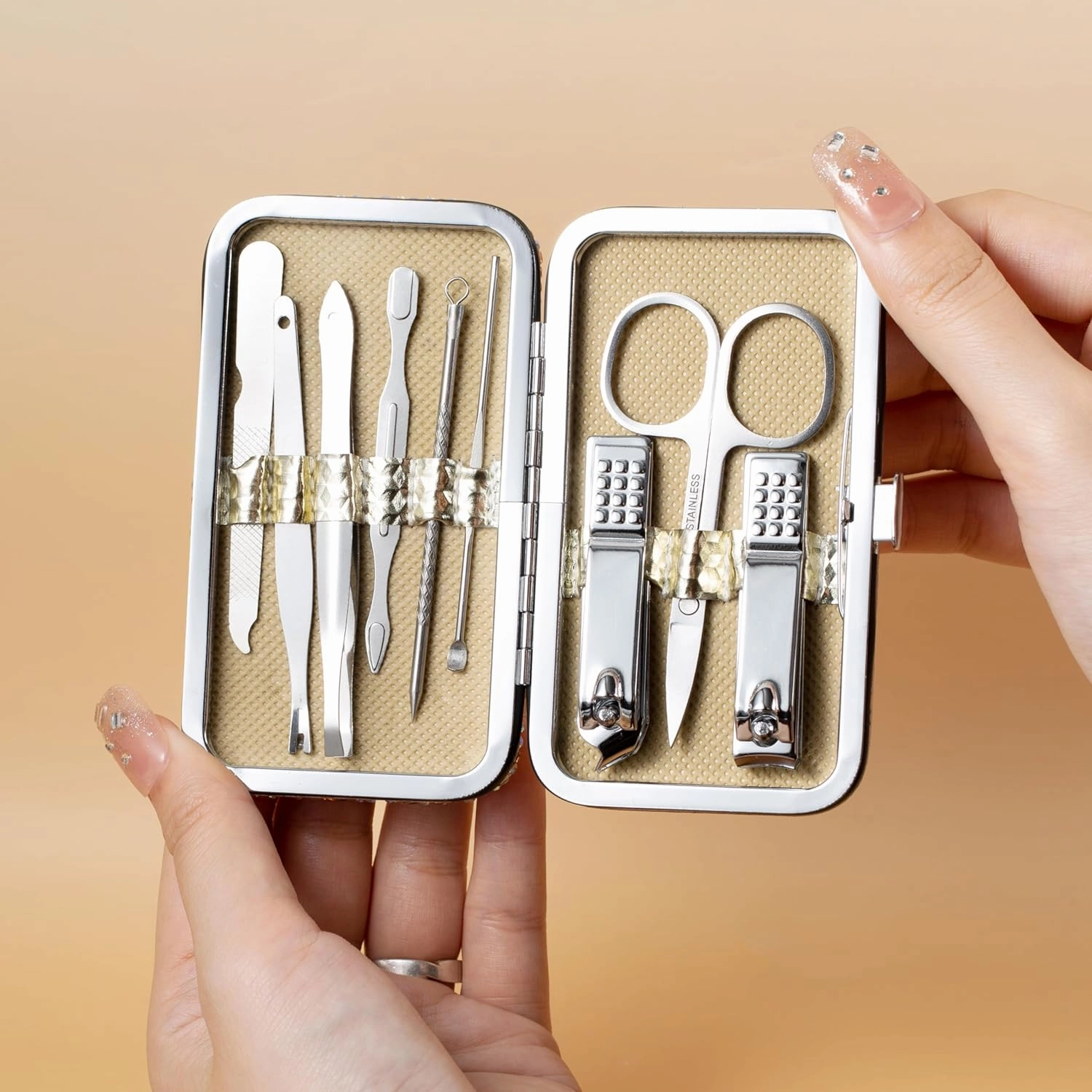 AsAlways Diamond-Studded 9pcs Manicure Set Bling Crystal Travel Mini Nail Clippers Kit Pedicure Care Tools with Shiny Rhinestone Travel Case(Pink)