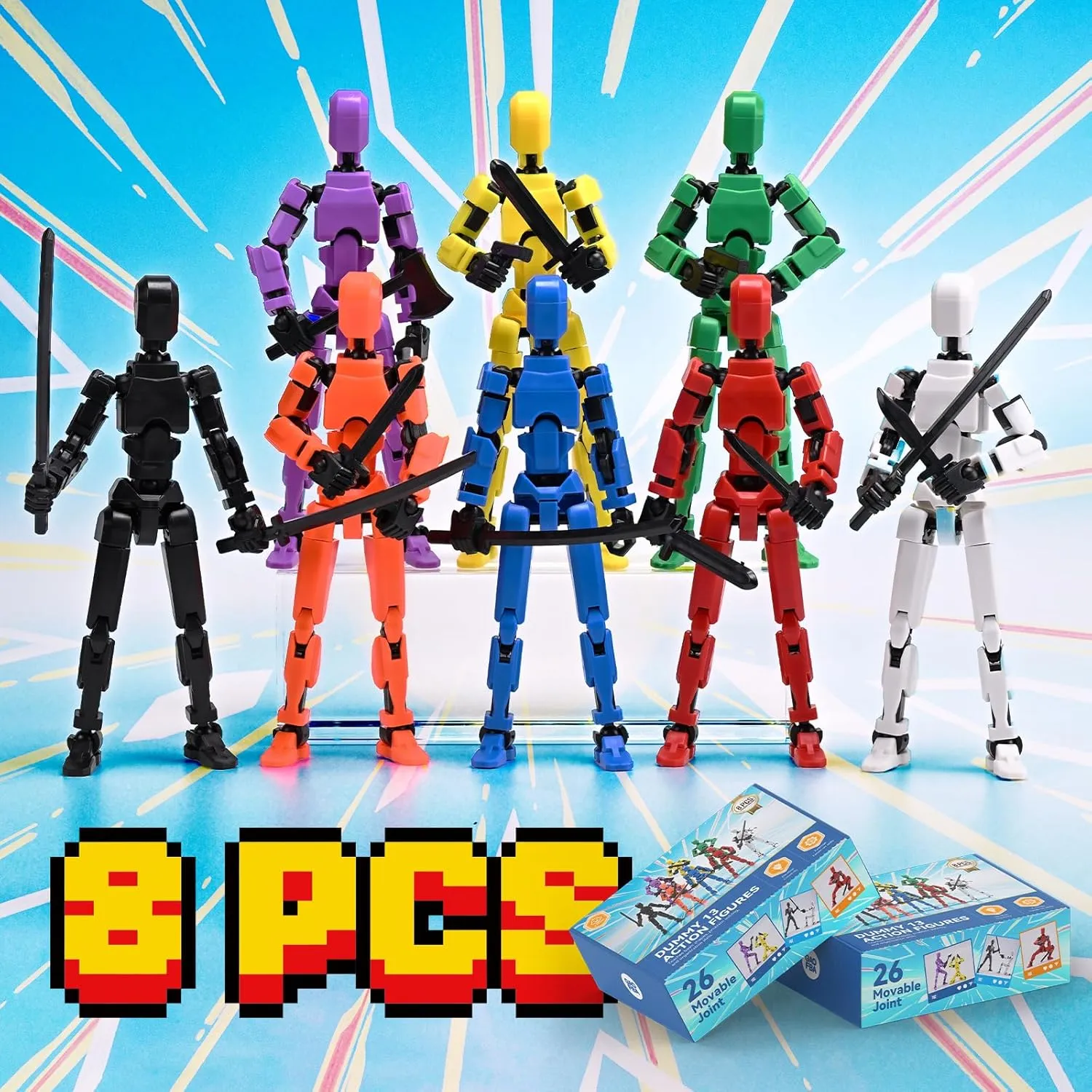 [Assembly Complete] 8Pcs Dummy 13 Action Figures with Magnetic Suction Function, Lucky Titan 13 Action Figures, Multi-Jointed Movable，with 3 Hand-Shapes, 5 Weapons
