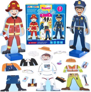 Atoylink Wooden Magnetic Dress up Dolls Pretend Play Set 40  Pcs Occupations Community Helpers Matching Games Fridge Magnets for Toddlers Preschool Learning Toys Boys Birthday Gifts