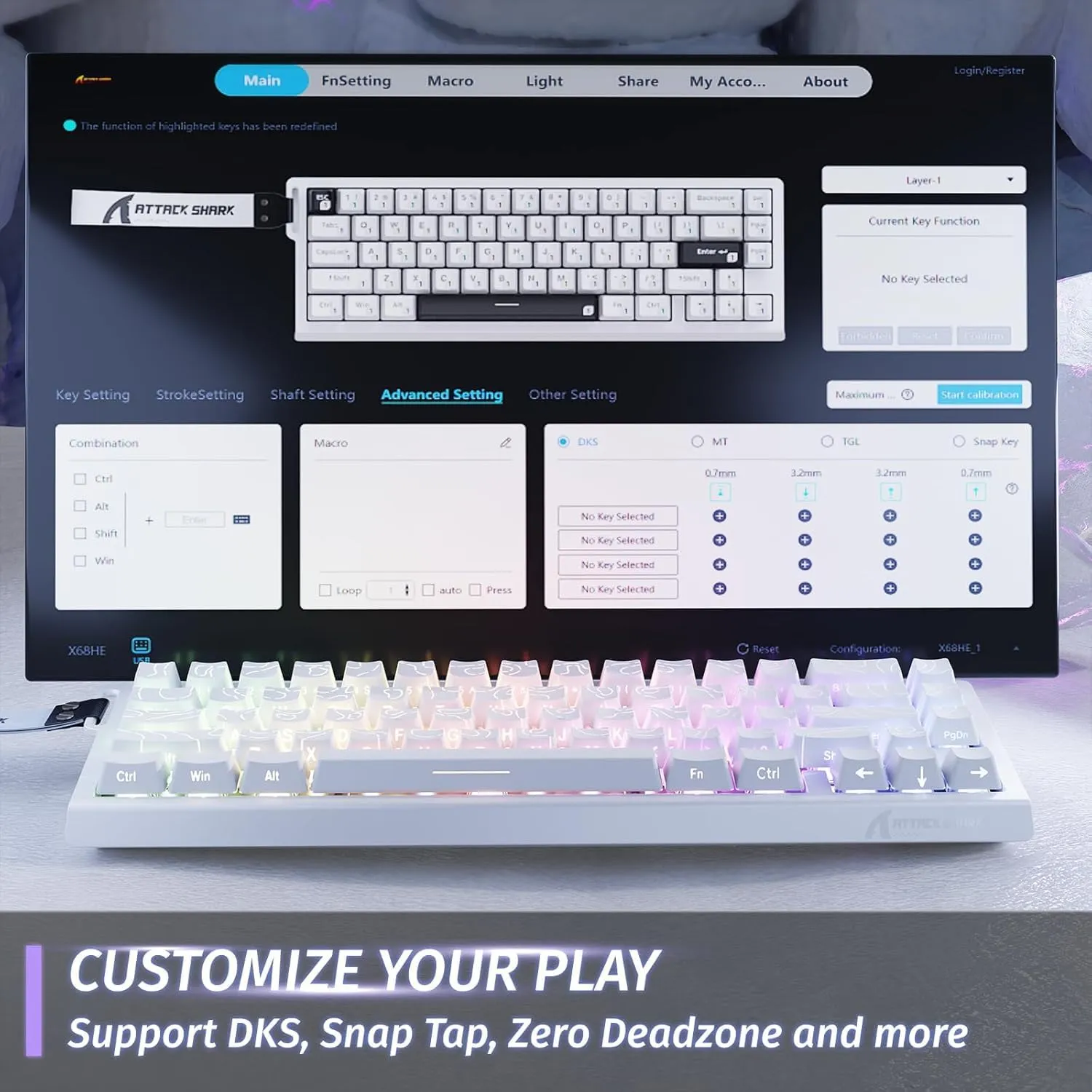ATTACK SHARK X68 HE Rapid Trigger Mechanical Gaming Keyboard 60% Wired with Adjustable Actuation,Hall Effect Magnetic Switch,8KHz Polling Rate,RGB Backlit,Top Mount,Side Printed Keycap(White Contour)