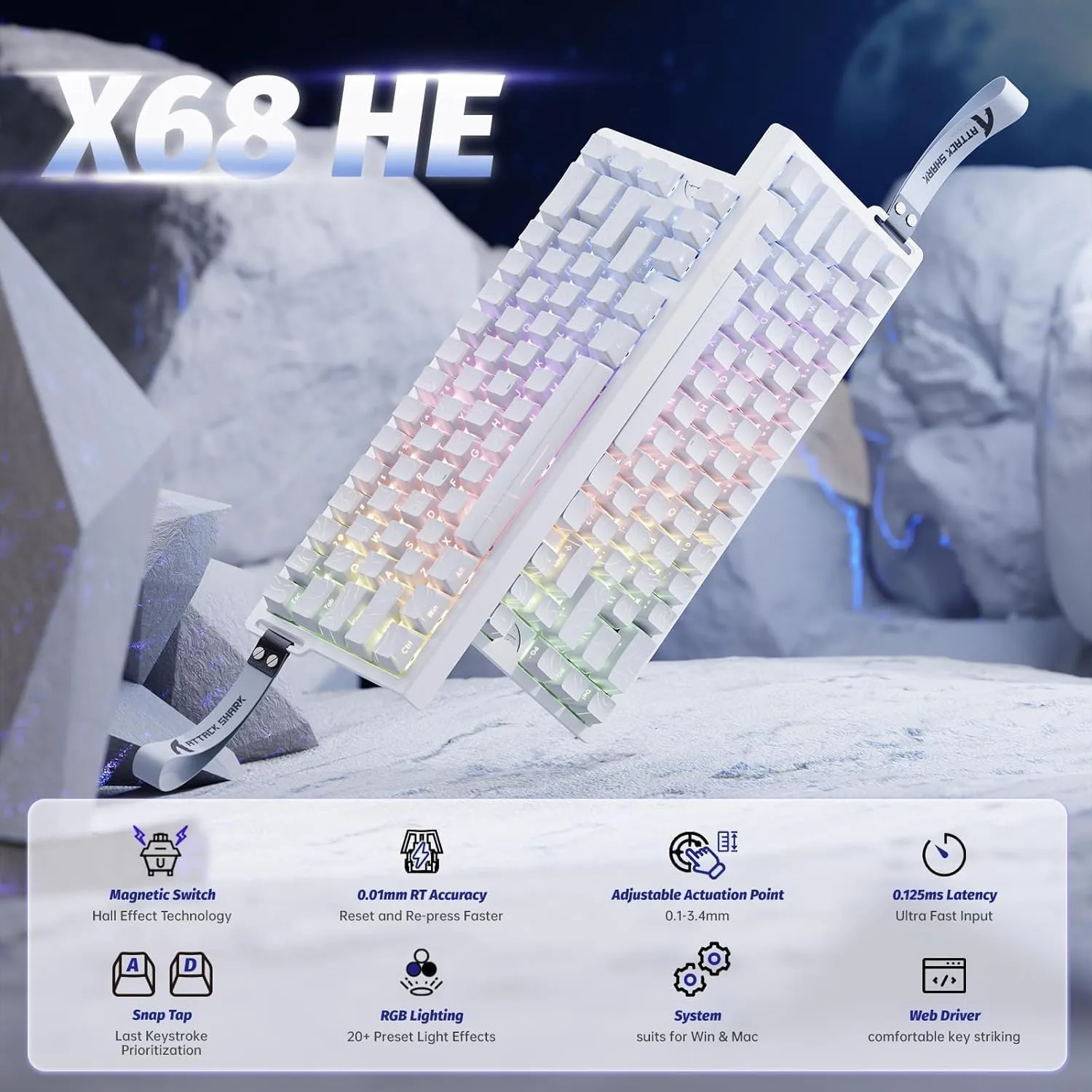 ATTACK SHARK X68 HE Rapid Trigger Mechanical Gaming Keyboard 60% Wired with Adjustable Actuation,Hall Effect Magnetic Switch,8KHz Polling Rate,RGB Backlit,Top Mount,Side Printed Keycap(White Contour)