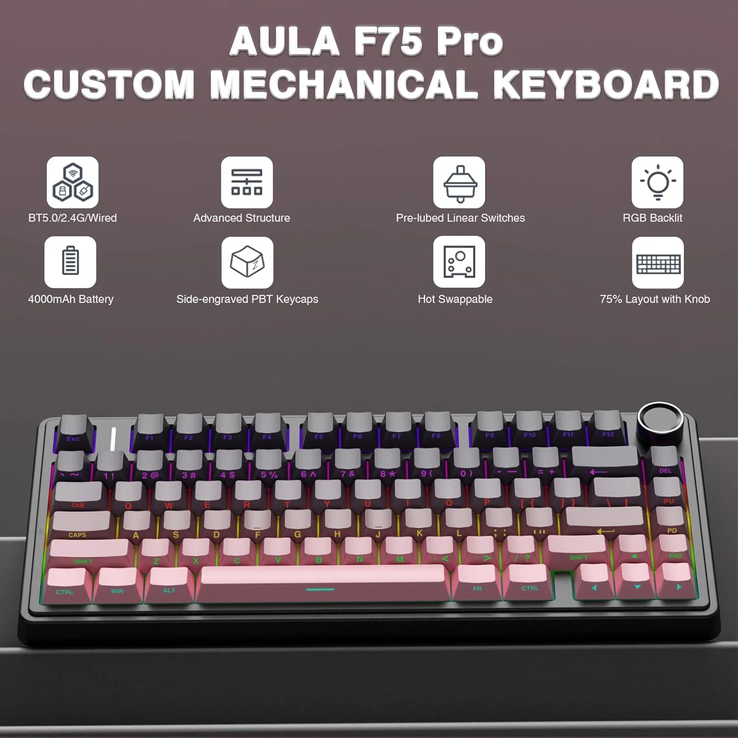 AULA F75 Pro Wireless Mechanical Keyboard,75% Hot Swappable Custom Keyboard,RGB Backlit,Pre-lubed Reaper Switches,Side Printed PBT Keycaps Mechanical Gaming Keyboards, Pink&Black