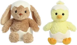 Aurora World Hatchlings 2 Piece Spring Time 8 Inch Plush Bundle, Brown Bunny and Yellow Chick