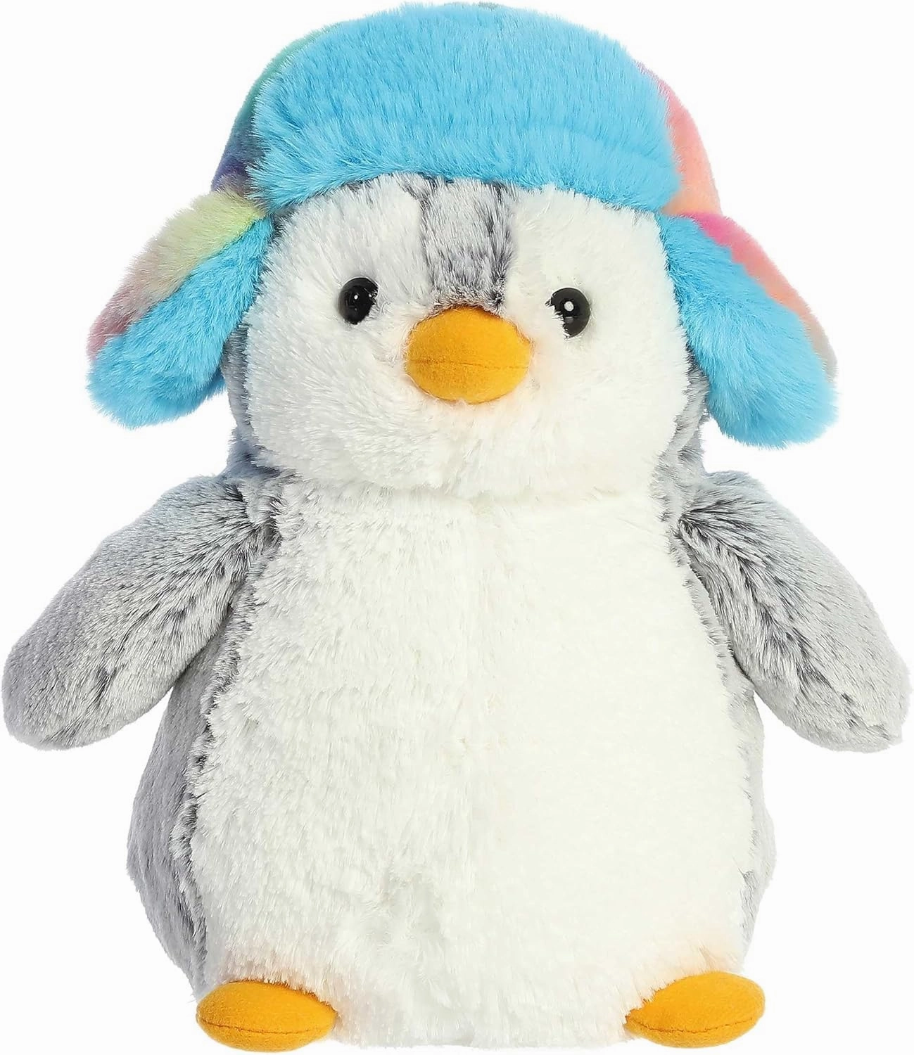 Aurora® Festive Pompom Penguin™ Pom Pom Rainbow Trapper™ Stuffed Animal - Vibrant Companions - Endless Fun - Gray 9 Inches