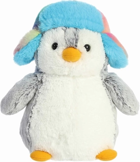 Aurora® Festive Pompom Penguin™ Pom Pom Rainbow Trapper™ Stuffed Animal - Vibrant Companions - Endless Fun - Gray 9 Inches