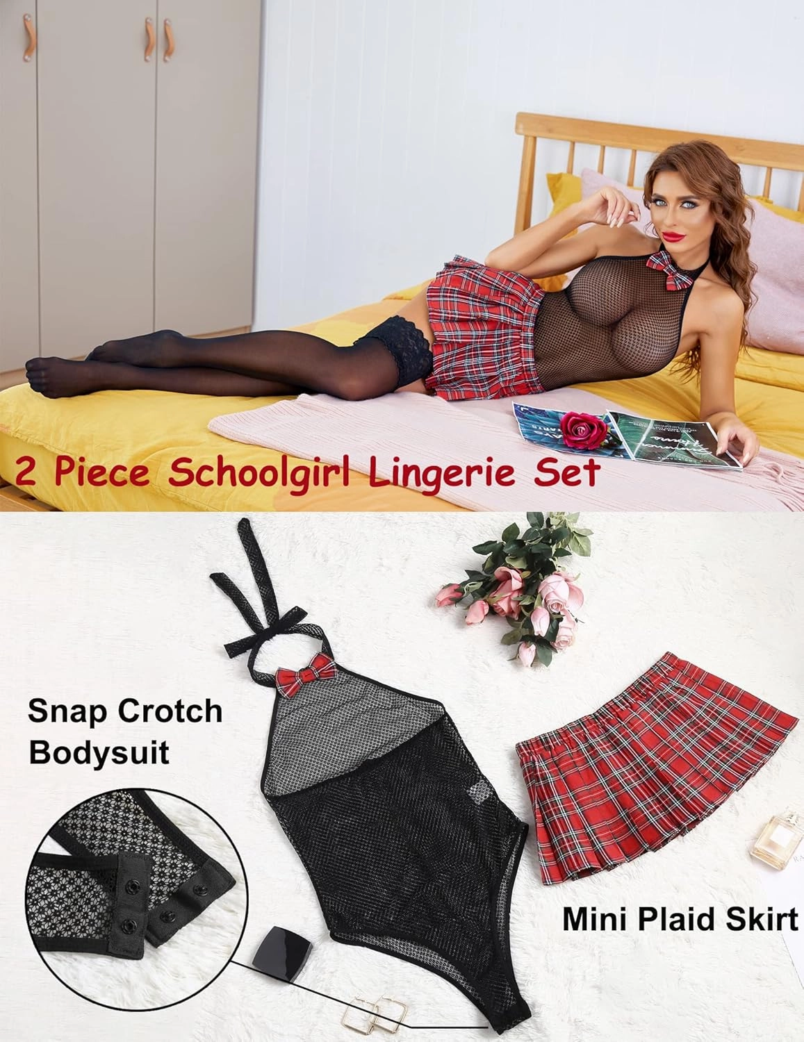 Avidlove Women Schoolgirl Lingerie Sexy Roleplay Lingerie Set Student Snap Crotch Bodysuit and Mini Skirt