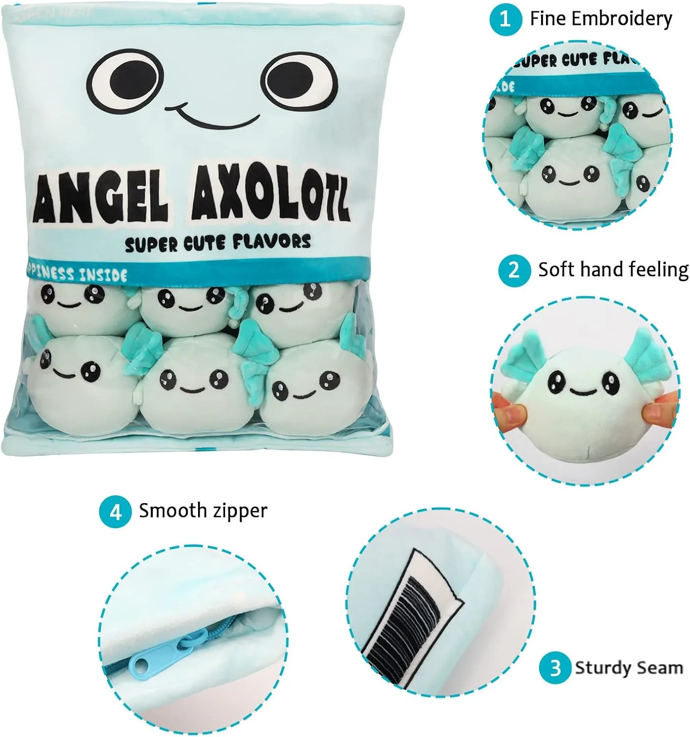 Axolotl Plush Pillow & Stuffed Animal, Cute Axolotl Toys (6 pcs, Blue)