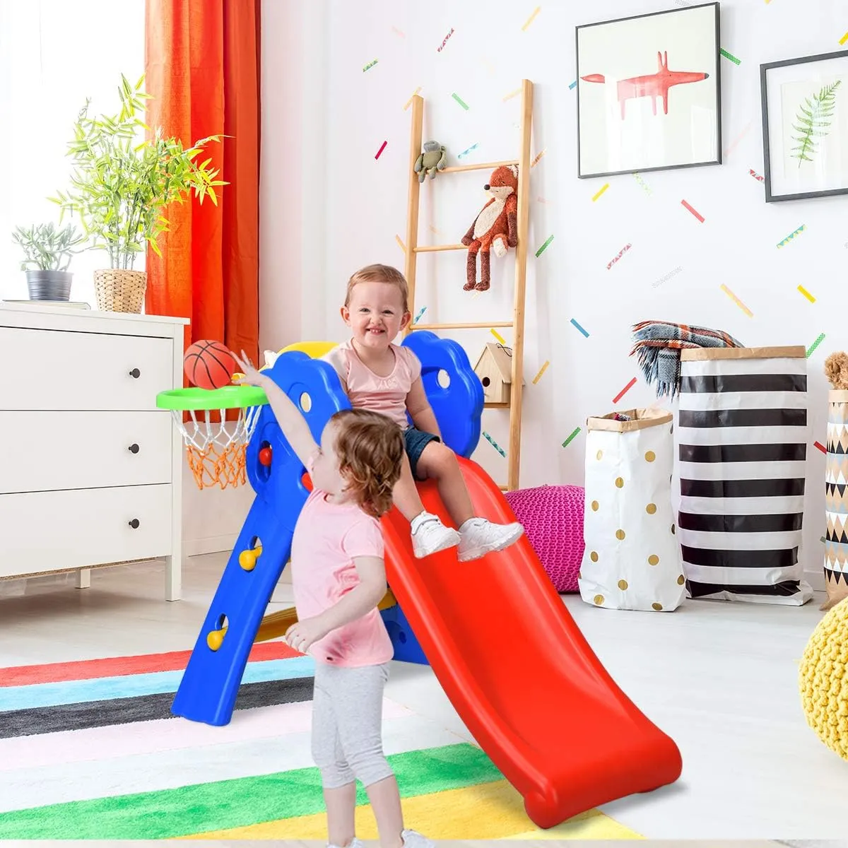 Baby Joy Folding Slide, Indoor First Slide Plastic Play Slide Climber Kids (Floral Rail  Basketball Hoop)