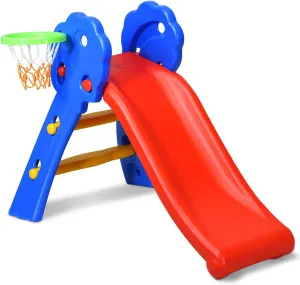 Baby Joy Folding Slide, Indoor First Slide Plastic Play Slide Climber Kids (Floral Rail  Basketball Hoop)