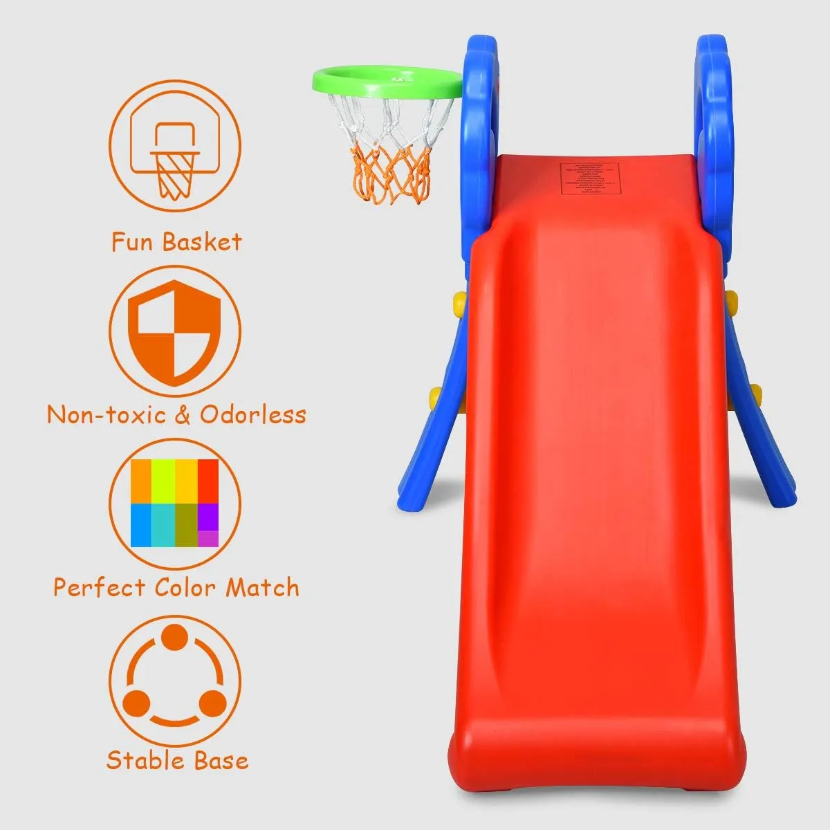 Baby Joy Folding Slide, Indoor First Slide Plastic Play Slide Climber Kids (Floral Rail  Basketball Hoop)