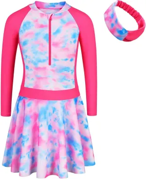 BAOHULU Girls One Piece Swimsuit Long Sleeve Bathing Suit with Skirt UPF 50  Kids Rash Guard Beach Swimwear 3-11 Years