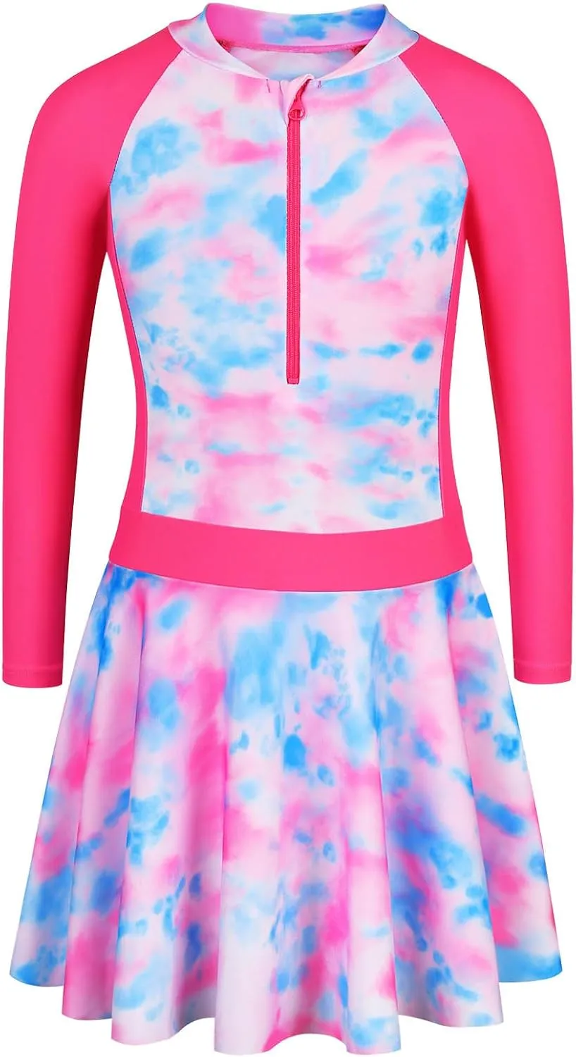 BAOHULU Girls One Piece Swimsuit Long Sleeve Bathing Suit with Skirt UPF 50  Kids Rash Guard Beach Swimwear 3-11 Years