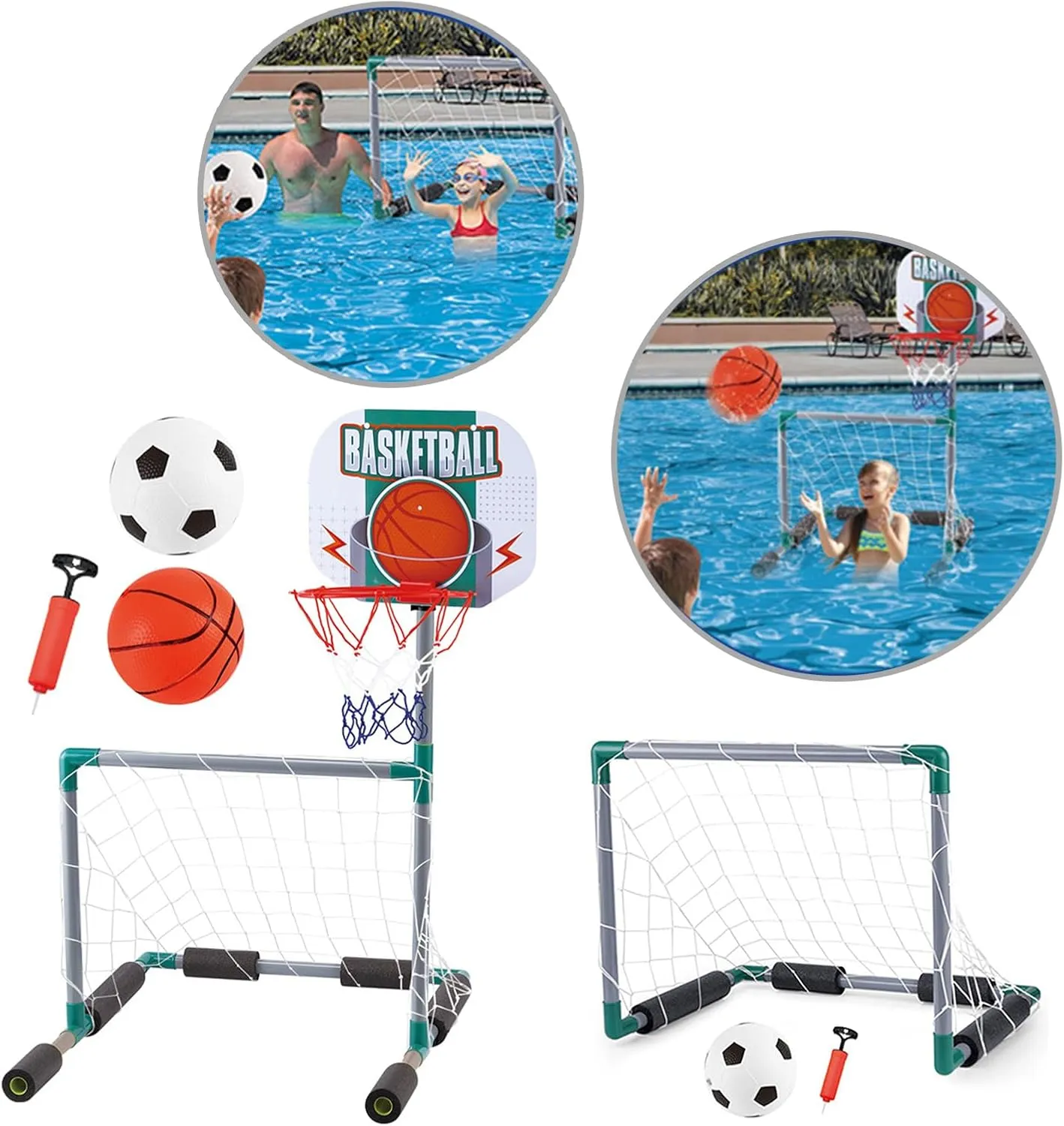Basketballs Hoop Football Net for Poolsides with and Pump Outdoor Swimming Pool Basketballs Hoop Pool Football Set