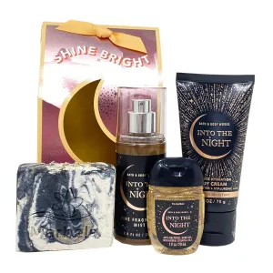 Bath & Body Works Into The Night Shine Bright - Mini Gift Bag Set Travel Size - Fragrance Mist - Body Cream - Hand Gel and a Charcoal Scrub Bar Soap.