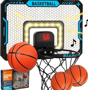 BATURU Basketball Hoop Indoor for Kids with LED Scoreboard – Over The Door Mini Basketball Hoop with Lights, Sound & 2 Game Modes – Includes 3 Balls, Pumps & Tools – Great Gifts for Boys Ages 5-12