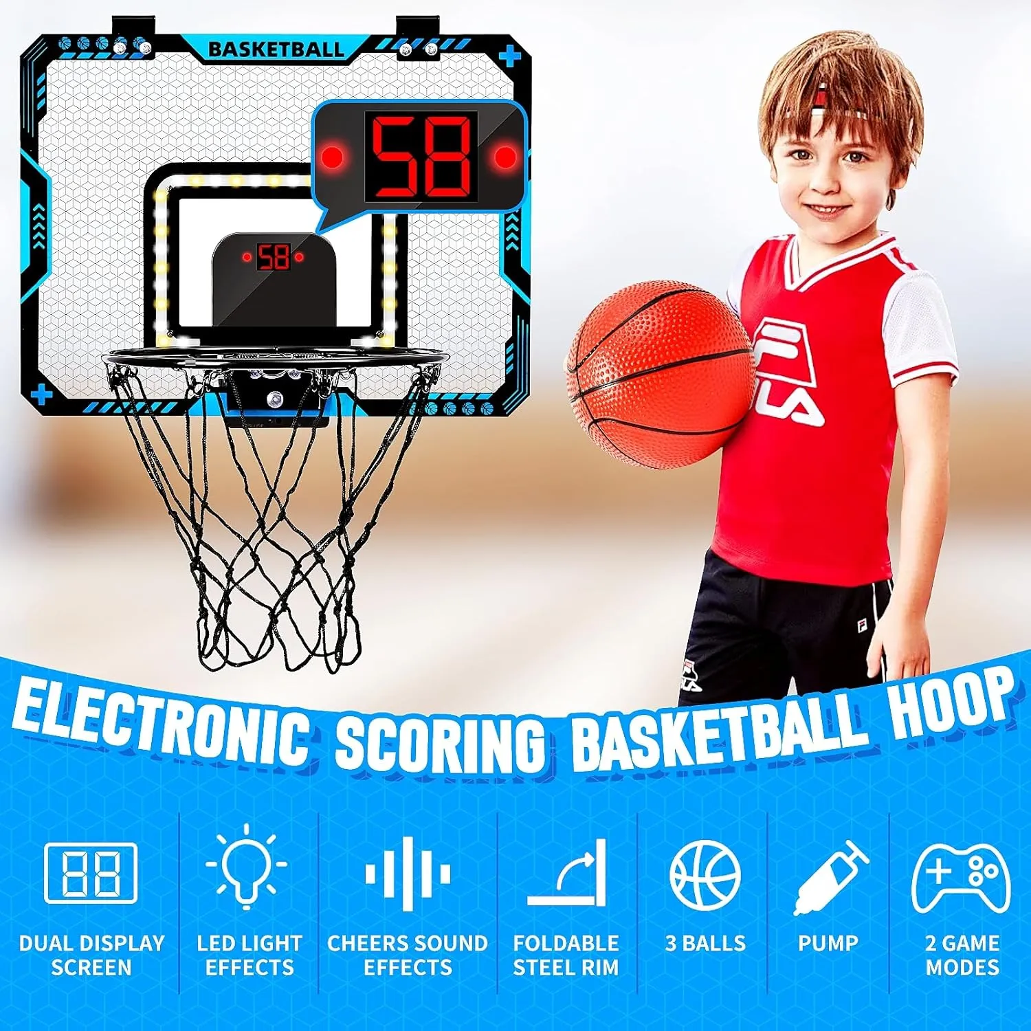 BATURU Basketball Hoop Indoor for Kids with LED Scoreboard – Over The Door Mini Basketball Hoop with Lights, Sound & 2 Game Modes – Includes 3 Balls, Pumps & Tools – Great Gifts for Boys Ages 5-12