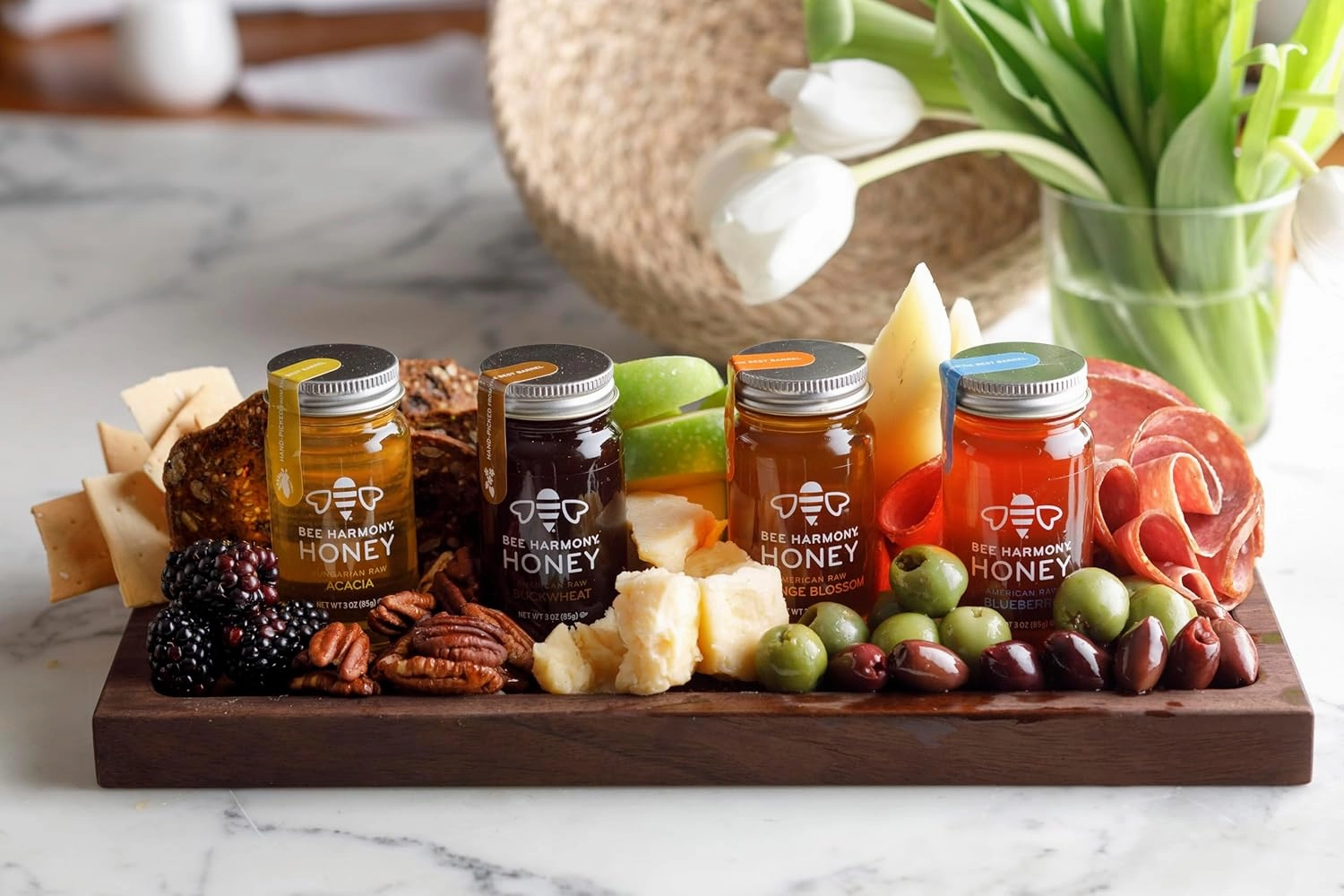 Bee Harmony Rare Varietals Honey Flight, Mini Honey Gift Set, 4 Jars, 3 OZ Each, Premium, Raw (Acacia, Buckwheat, Blueberry Blossom, Orange Blossom)