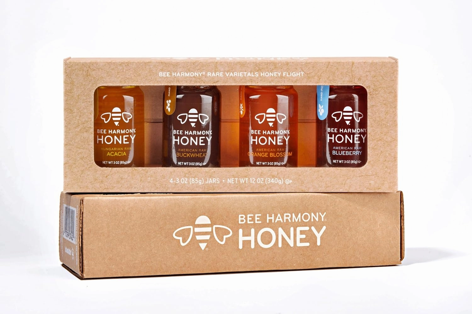 Bee Harmony Rare Varietals Honey Flight, Mini Honey Gift Set, 4 Jars, 3 OZ Each, Premium, Raw (Acacia, Buckwheat, Blueberry Blossom, Orange Blossom)