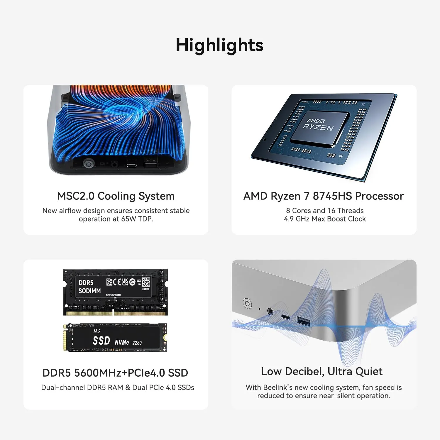 Beelink SER8 Mini PC AMD Ryzen 7 8745HS(8C/16T up to 4.9GHz), 32GB DDR5 RAM 1TB PCIe4.0 SSD, Mini Gaming Computer Support 4K@144Hz Triple Display, WiFi6, BT5.2, HDMI DP, USB4