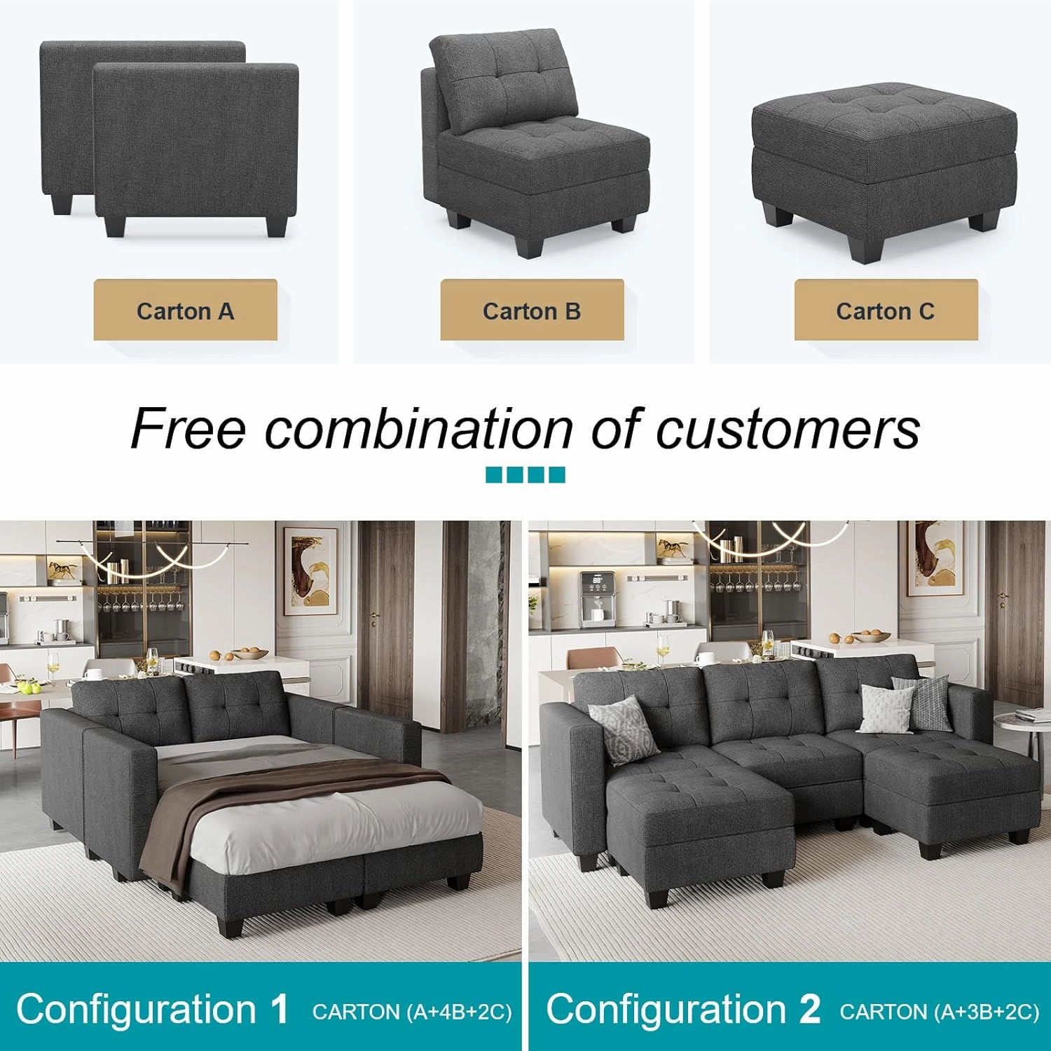 Belffin Modular Sectional Sofa with Storage Ottoman Modern Fabric L Shaped Couch with Chaise for Small Spaces Dark Grey