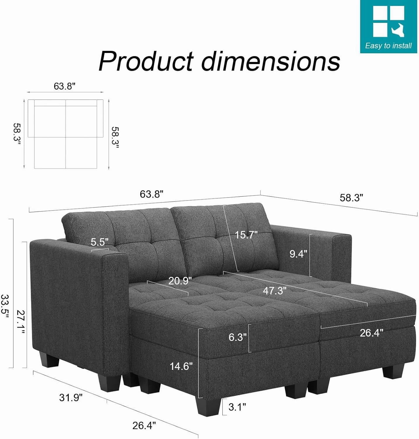 Belffin Modular Sectional Sofa with Storage Ottoman Modern Fabric L Shaped Couch with Chaise for Small Spaces Dark Grey