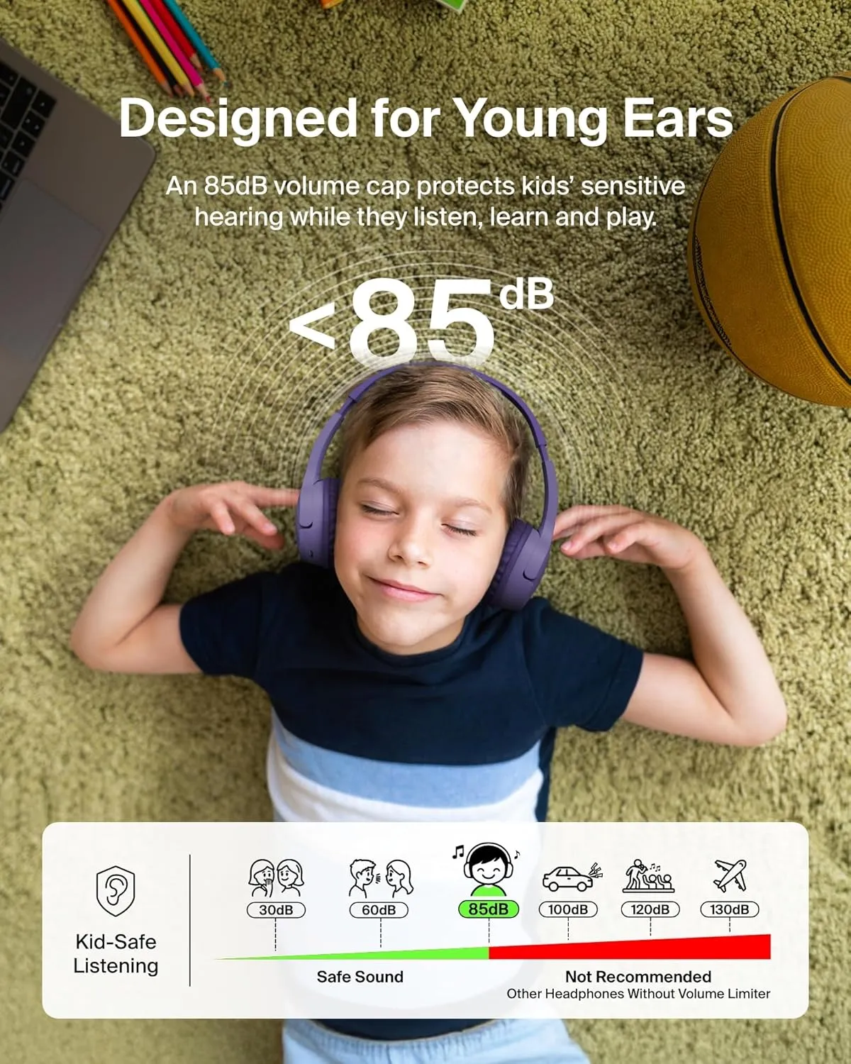Belkin SoundForm Mini - Wireless Bluetooth Kids Headphones, 30H Battery, 85dB Safe Volume Limit, Built-in Microphone - Toddler On-Ear Earphones for iPhone, iPad, Fire Tablet, Ideal for School - Purple