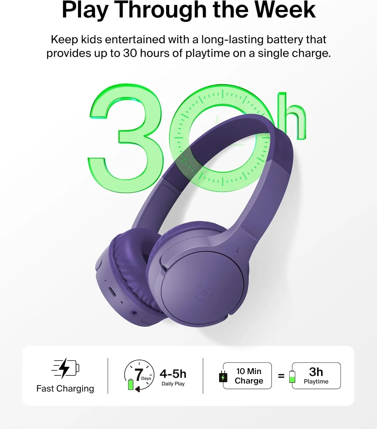 Belkin SoundForm Mini - Wireless Bluetooth Kids Headphones, 30H Battery, 85dB Safe Volume Limit, Built-in Microphone - Toddler On-Ear Earphones for iPhone, iPad, Fire Tablet, Ideal for School - Purple