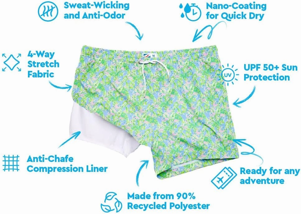 BERMIES Men’s Short Swim Trunks with Compression Liner - 4” Inseam, Quick-Dry, 4-Way Stretch, UPF 50 , Eco-Friendly Fabric
