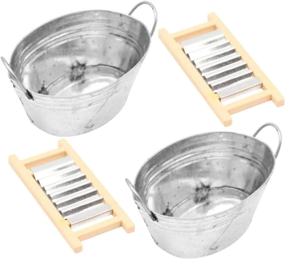 BESPORTBLE 2 Sets Dollhouse Wash Tub with Washboard Miniature Laundry Basin Mini Tinplate Washing Set 1: 12 Scale Washboard Wash Tub for Dollhouse Furniture